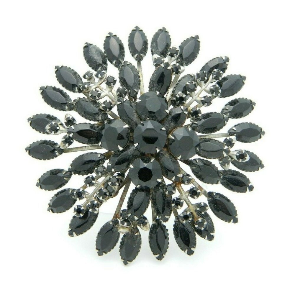 Large Black Glass Rhinestone Flower Burst Silver